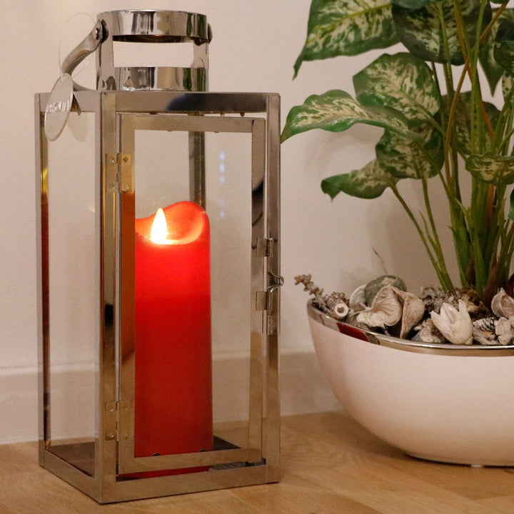 Gartenlaterne Edelstahl 12x12x30cm mit LED Kerze rot Timer Fernbedienung - Bild 2