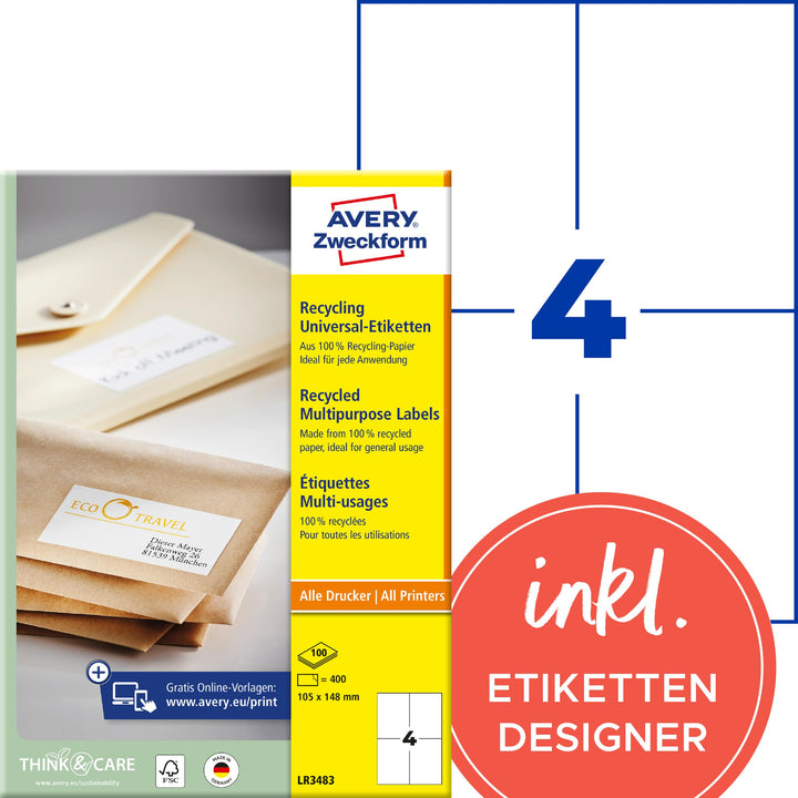 Recycling-Versandetiketten selbstklebend 105x148mm 400 Stück A4