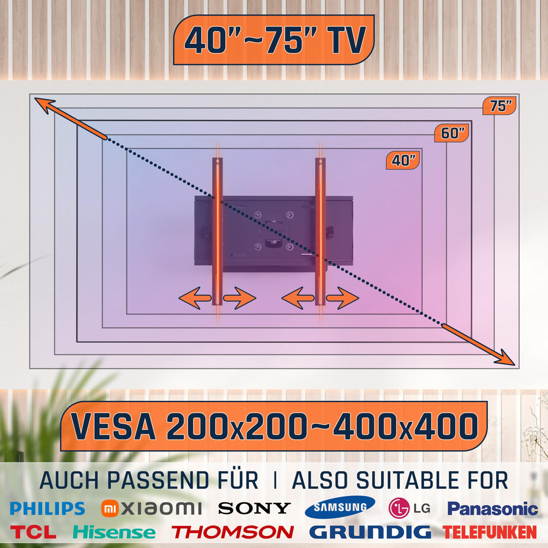 TV Wandhalterung schwenkbar neigbar 40-75 Zoll bis 95 kg VESA 400x400 - Bild 4