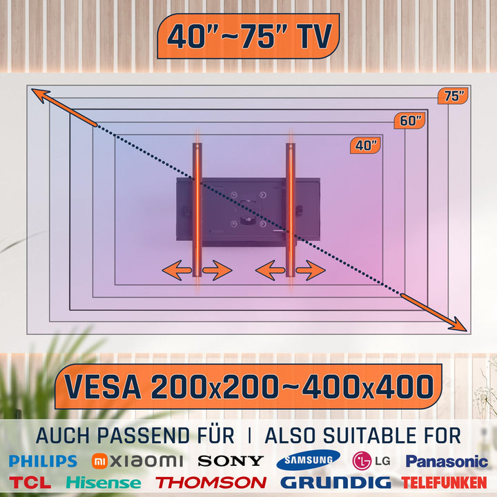 TV Wandhalterung schwenkbar neigbar 40-75 Zoll bis 95 kg VESA 400x400 - Bild 4