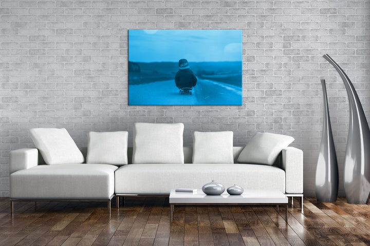 Leinwandbild Skater Sonnenuntergang Monochrom Blau 80x60 cm - Bild 2