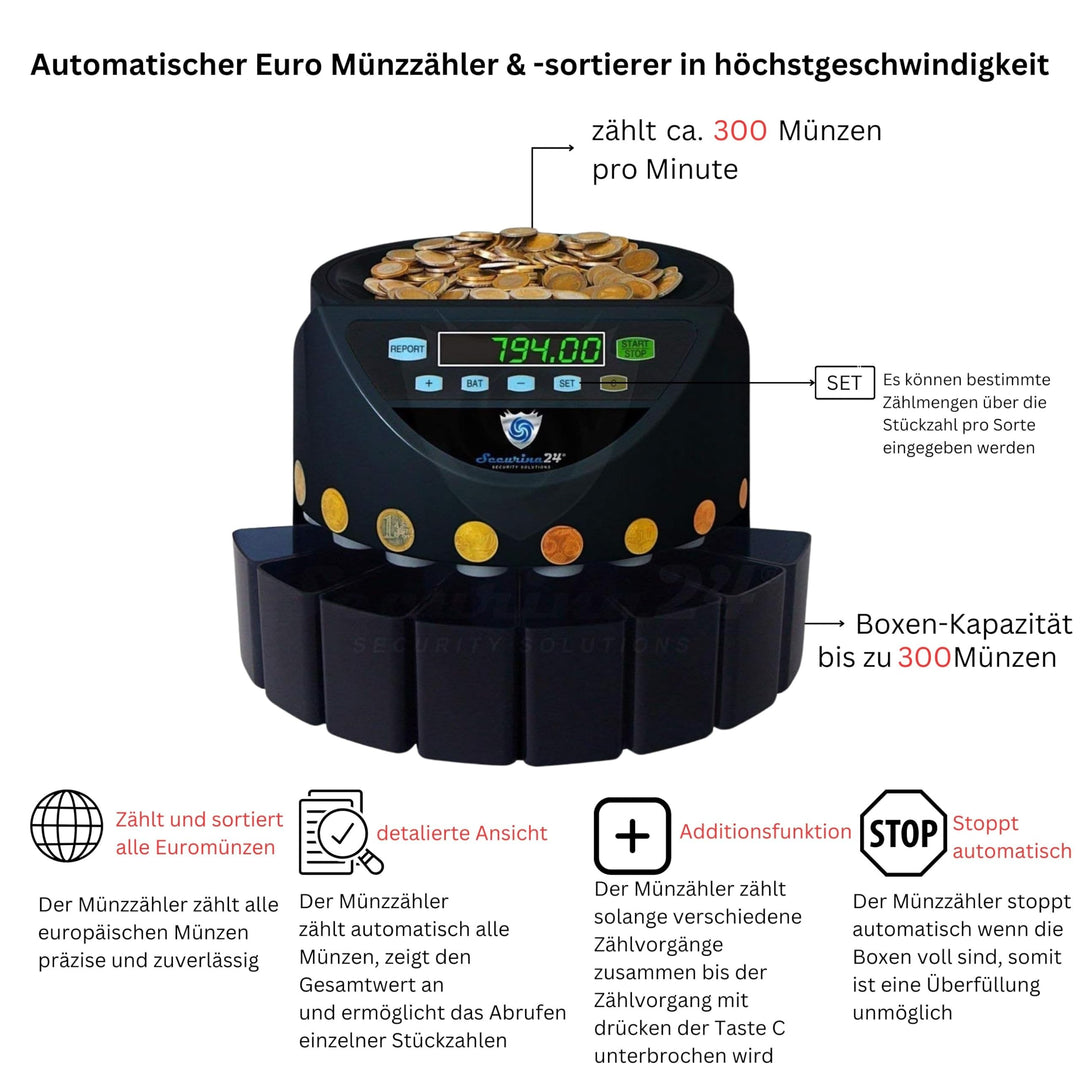 Münzzähler &amp; Münzsortierer Euro gewerblich 7-stellig Schwarz - Bild 2