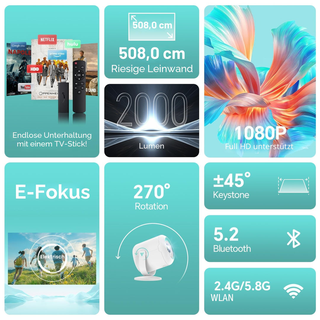 Mini Beamer 1080P WiFi 6 Bluetooth 270° drehbar bis 200 Zoll - Bild 2