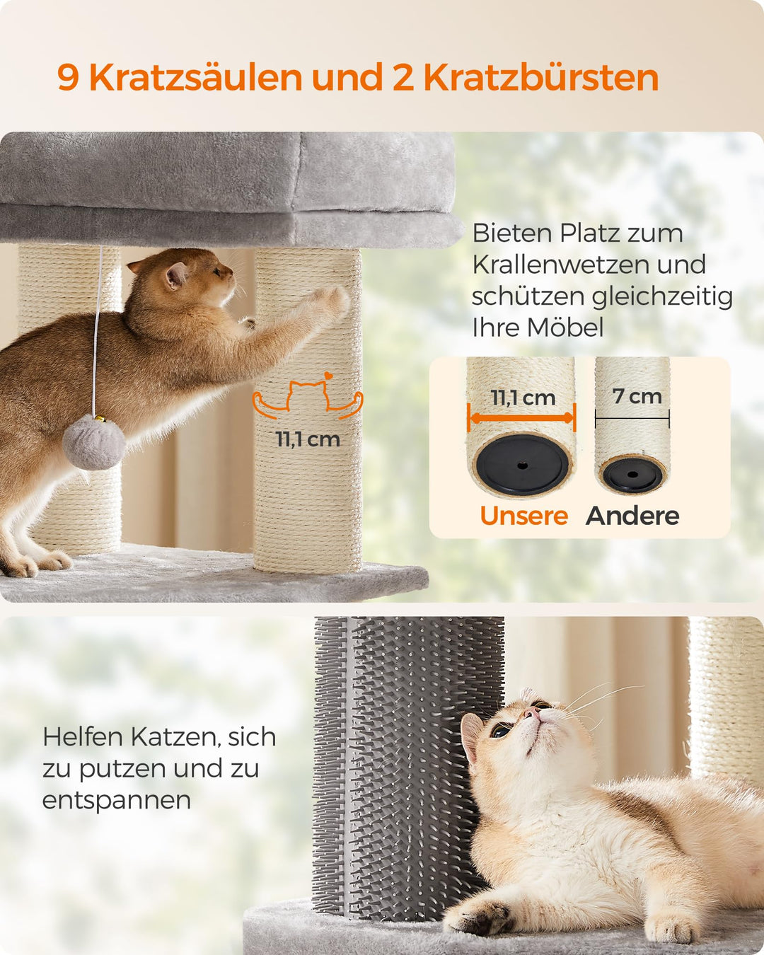 Kratzbaum mit 9 Kratzsäulen, 11 cm Stämme, 160 cm hoch für grosse Katzen - Bild 6