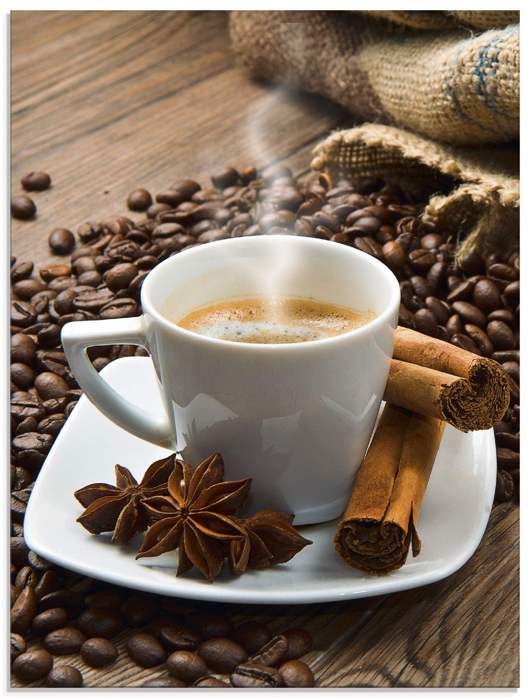 Glasbild Kaffeetasse &amp; Kaffeebohnen Hochformat 45x60 cm