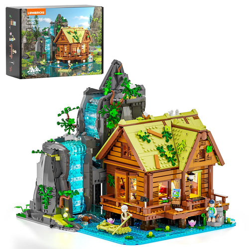Klemmbaustein-Set Retro-Holzhütte mit Wasserfall & LED-Licht 2539 Teile