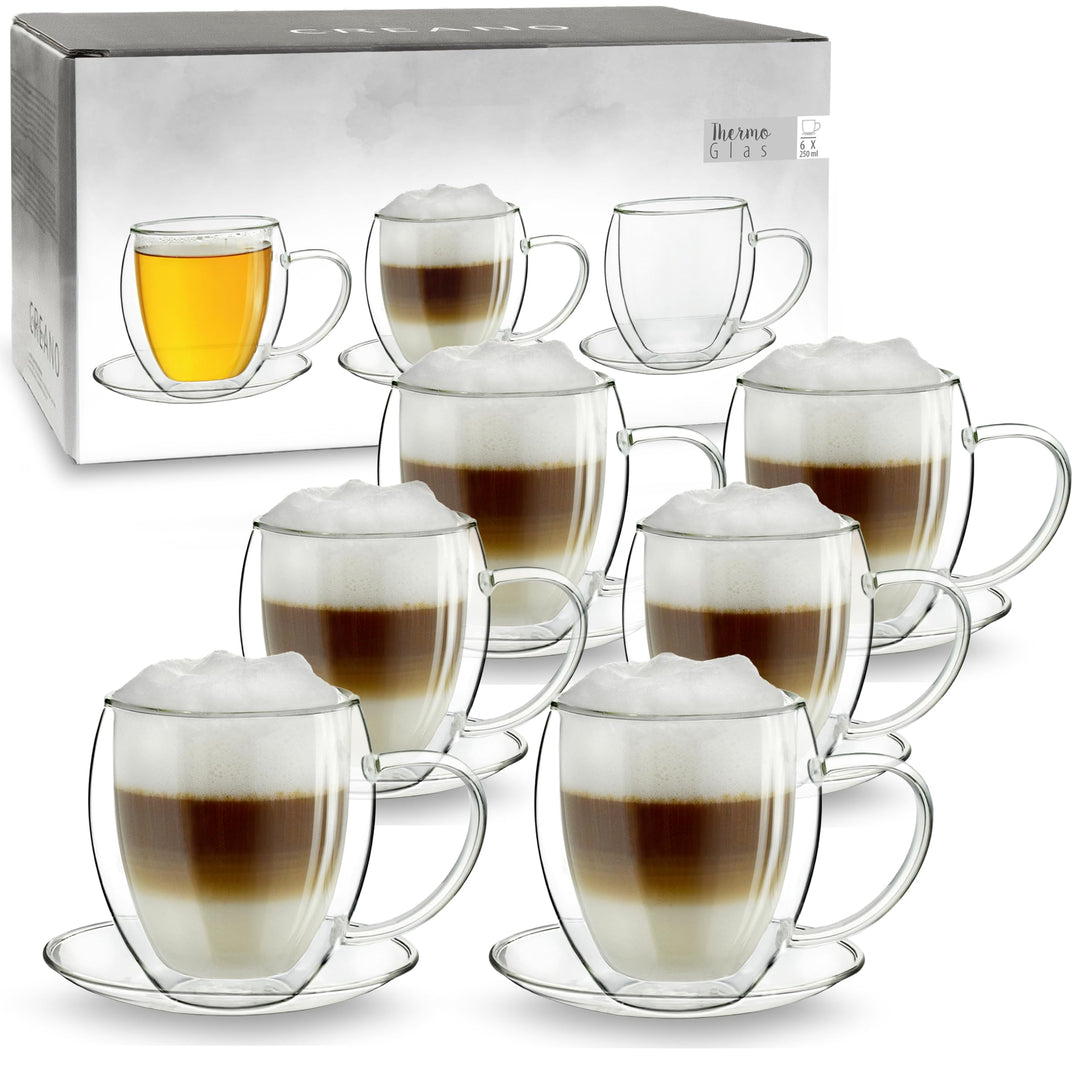 Doppelwandige Thermotassen Borosilikatglas 250 ml 6er-Set mit Untertassen