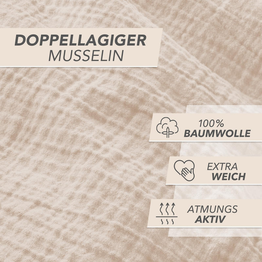 Musselin Bettwäsche 4-teilig Baumwolle 135x200 beige bügelfreie - Bild 5