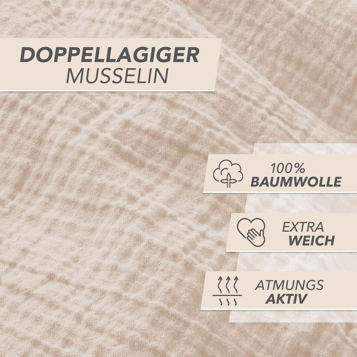 Musselin Bettwäsche 4-teilig Baumwolle 135x200 beige bügelfreie - Bild 5