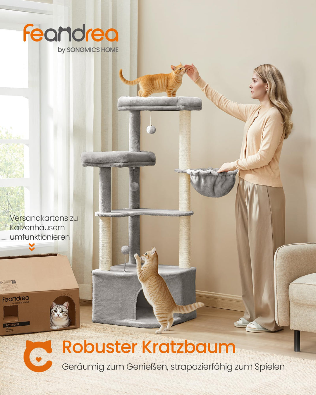 Kratzbaum gross mit Höhle 2 Plattformen 4 Sisalstämme 140,7 cm - Bild 2