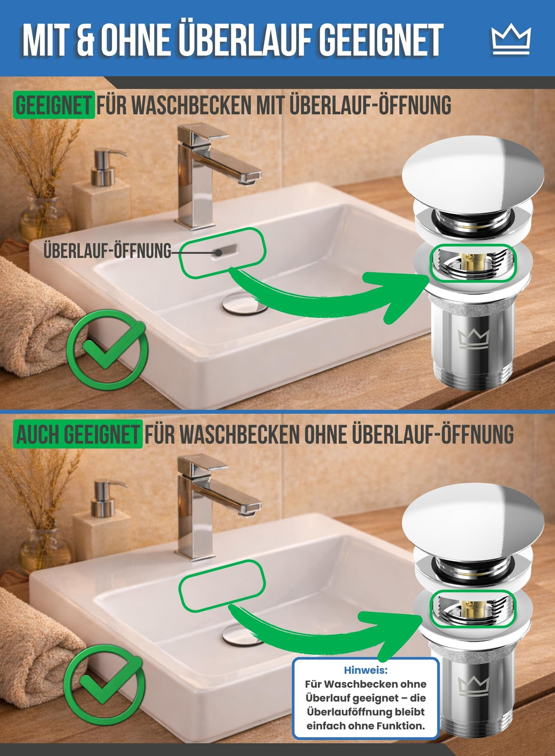 Waschbecken Ablaufgarnitur mit Siphon Edelstahl Komplett-Set mit Überlauf - Bild 3