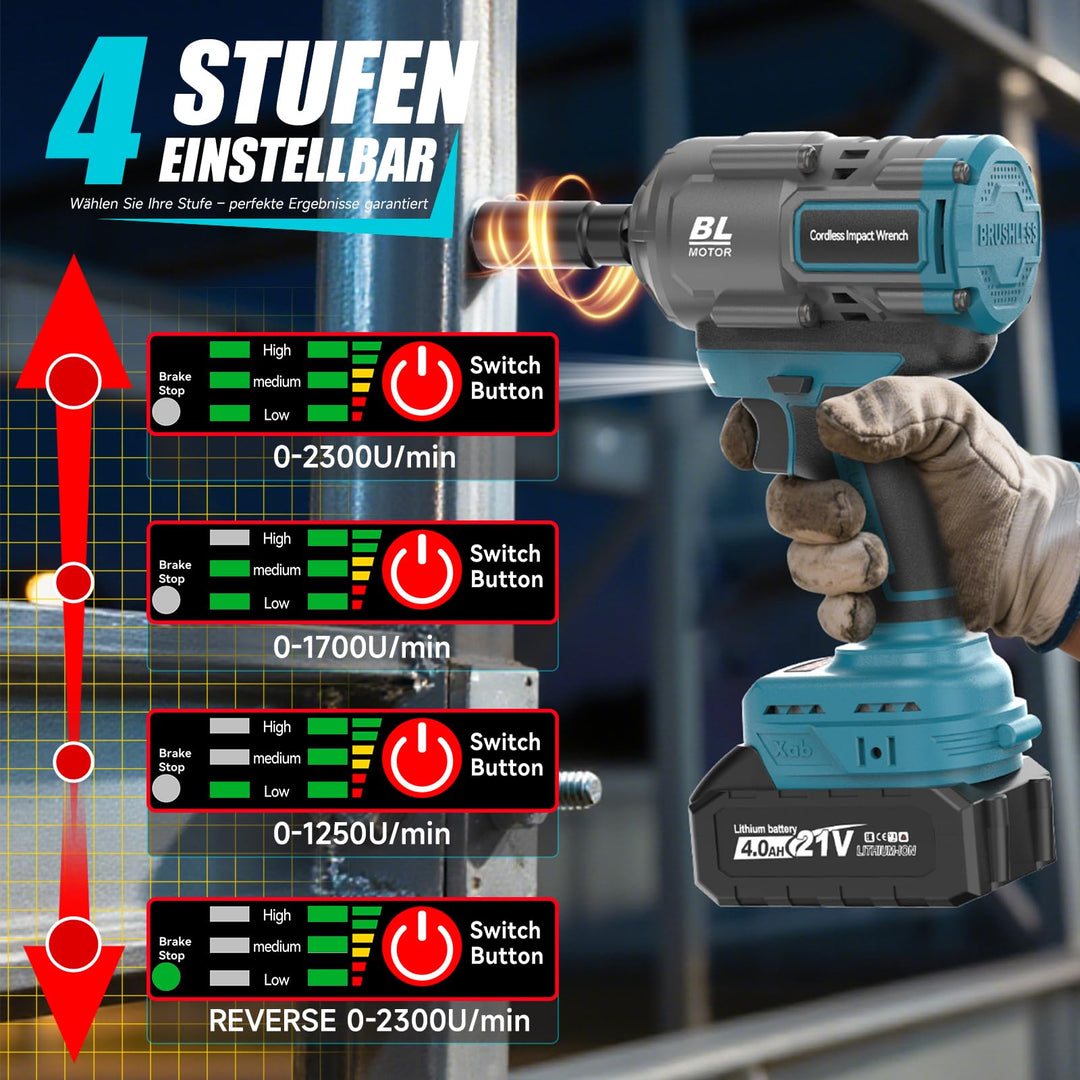 Akku-Schlagschrauber 1200Nm bürstenlos 1/2 Zoll mit 2x 4Ah Akku - Bild 5