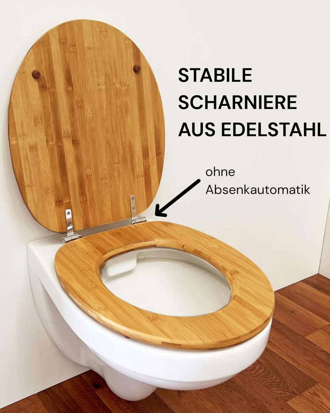 WC-Sitz Bambus dunkel mit Edelstahl-Scharnier für O- und D-Form - Bild 2
