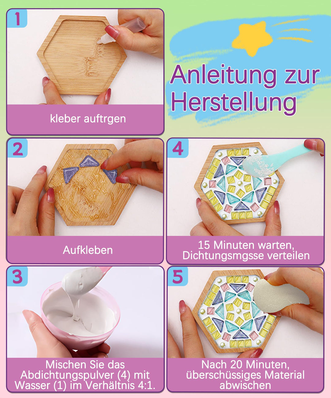 Mosaik Bastelset Kinder Holzuntersetzer DIY Glassteine 4er-Set - Bild 4