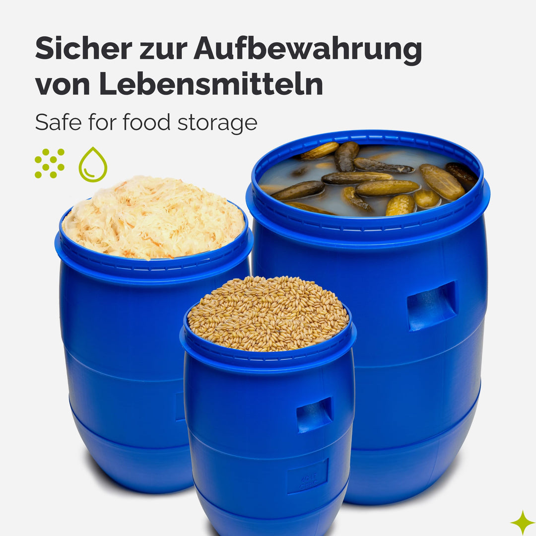 Weithalsfass 60L HDPE lebensmittelecht mit Metallspannring Blau - Bild 5