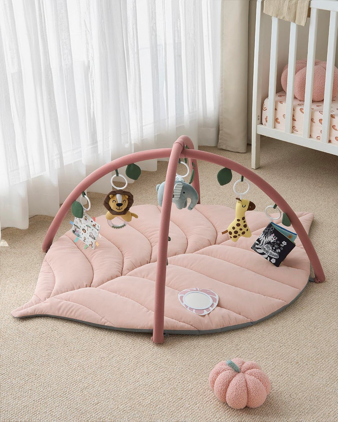 Spielbogen Baby mit Krabbeldecke Blattform 135x94cm 6 Spielzeuge Rosa - Bild 6