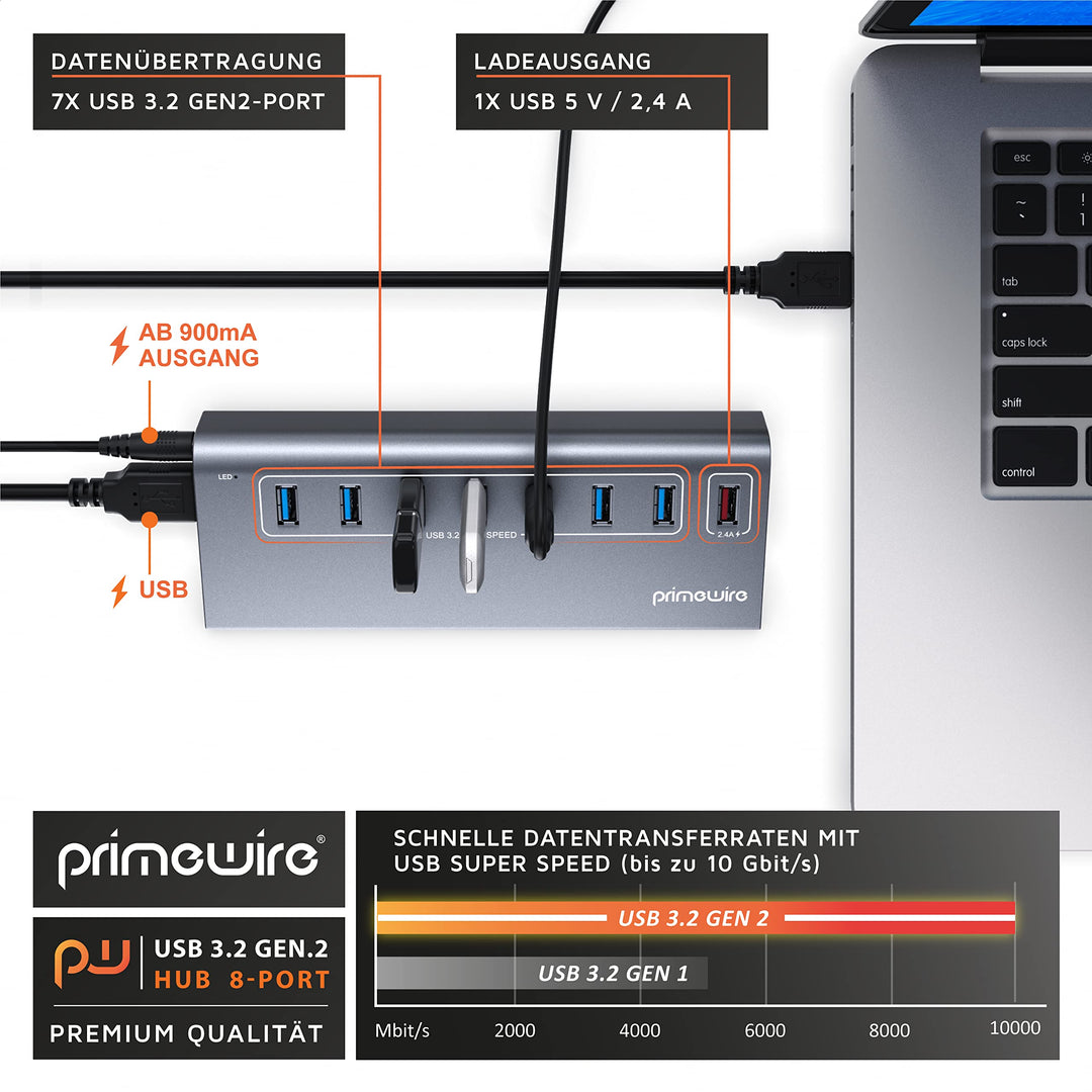 USB 3.2 Gen2 Hub 8-Port Aluminium 10 Gbit/s mit Netzteil - Bild 5