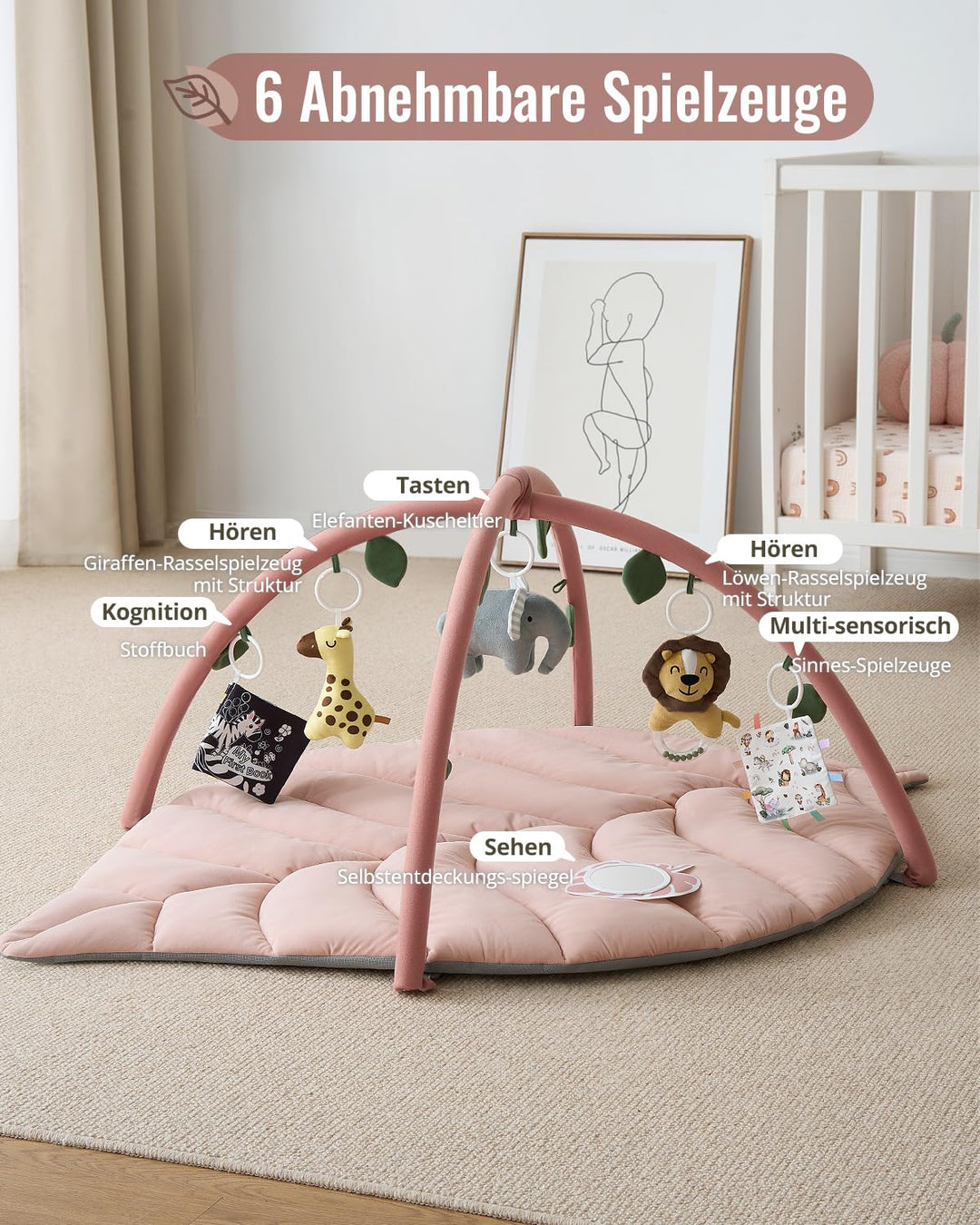 Spielbogen Baby mit Krabbeldecke Blattform 135x94cm 6 Spielzeuge Rosa - Bild 3