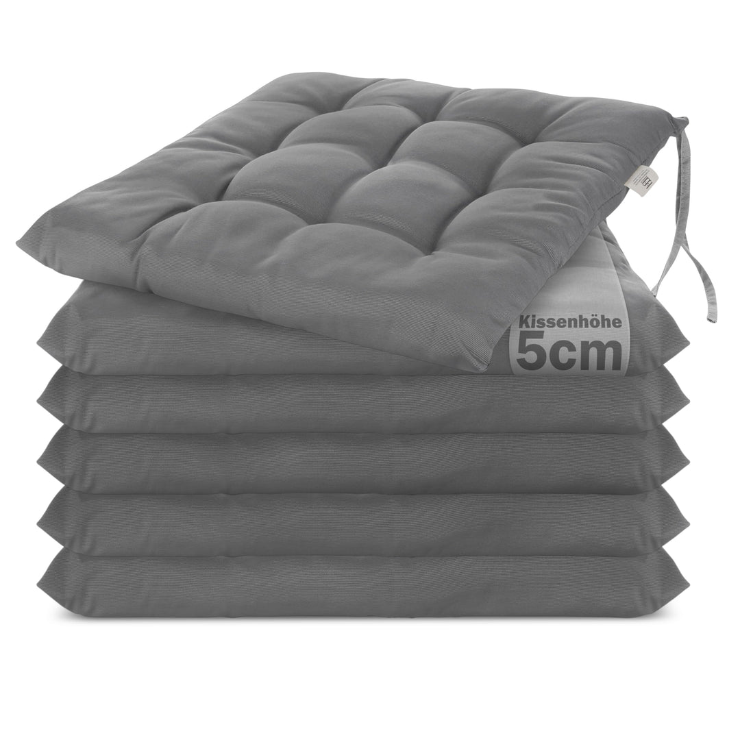 Sitzkissen 40x40x5 cm 6er-Set gesteppt mit Haltebändern Indoor Outdoor