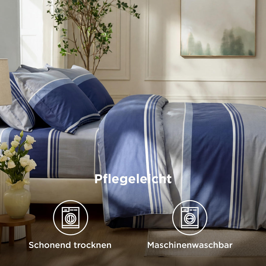 Bettwäsche 135x200 Baumwolle 4-teilig Streifen Jeansblau wendbar - Bild 7