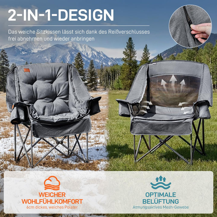 Campingstuhl Faltbar 2-in-1 mit 6cm Polsterung 180kg XXL grau - Bild 2