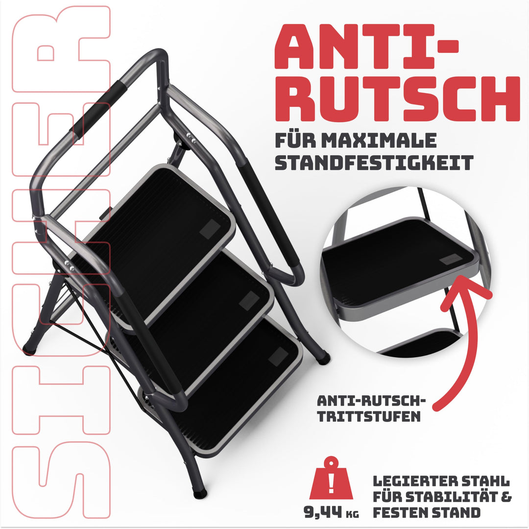 Trittleiter 3 Stufen klappbar mit Handlauf TÜV 150 kg Anthrazit - Bild 6