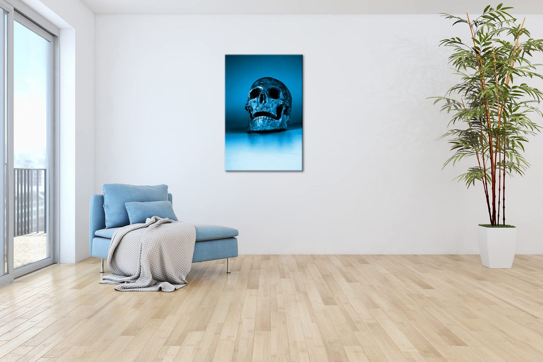 Leinwandbild Totenkopf Monochrom Blau 80x60 cm Echtholzrahmen - Bild 4