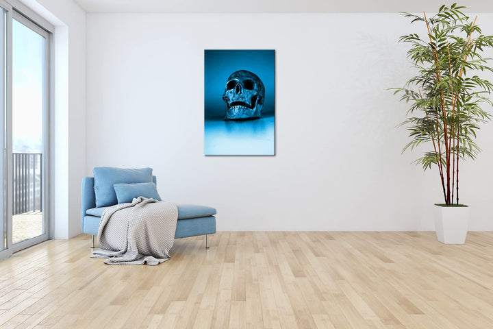 Leinwandbild Totenkopf Monochrom Blau 80x60 cm Echtholzrahmen - Bild 4