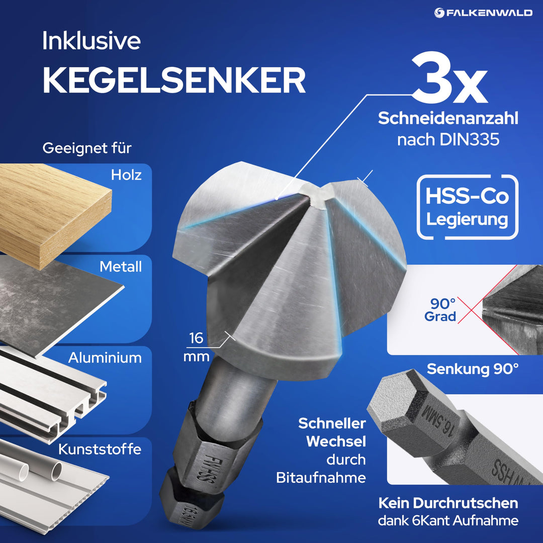 Holzbohrer Set HSS-G 1-13mm mit Kegelsenker 26-teilig - Bild 3