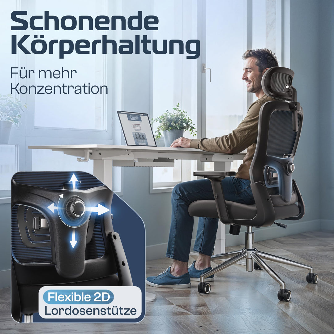 Bürostuhl Ergonomisch Mesh 2D-Armlehnen bis 150 kg bis 190 cm - Bild 3
