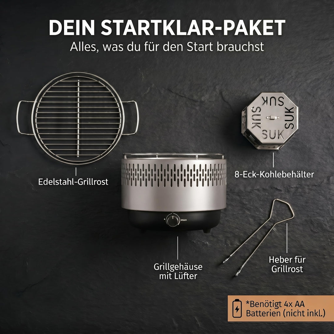 Tischgrill Holzkohle mit Aktivbelüftung und Lüfter, kompakt grau - Bild 7