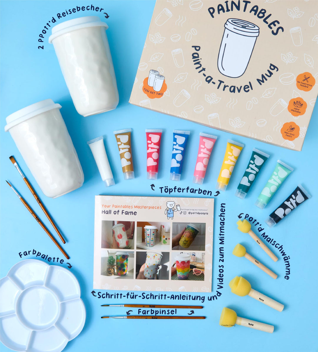 DIY Keramik-Bemalset Reisebecher 2er-Set mit Farben und Pinseln - Bild 5
