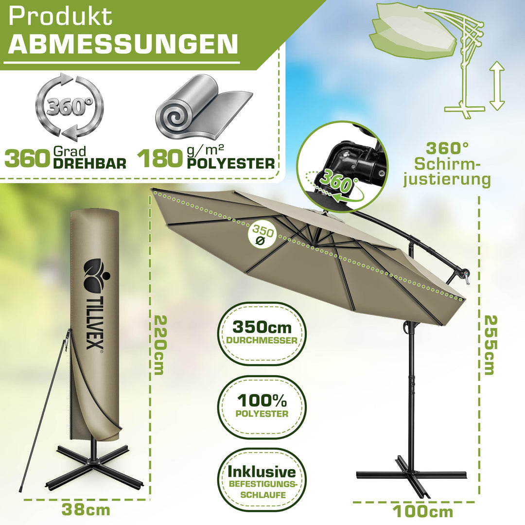 Ampelschirm Ø 350 cm Aluminium UV50+ mit Kurbel und Abdeckung - Bild 2
