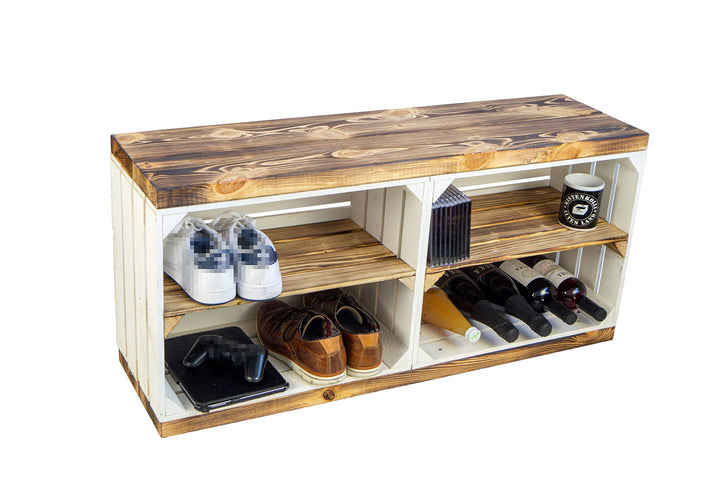 Schuhregal mit Sitzbank Obstkisten-Optik Weiss 100x30x45 cm