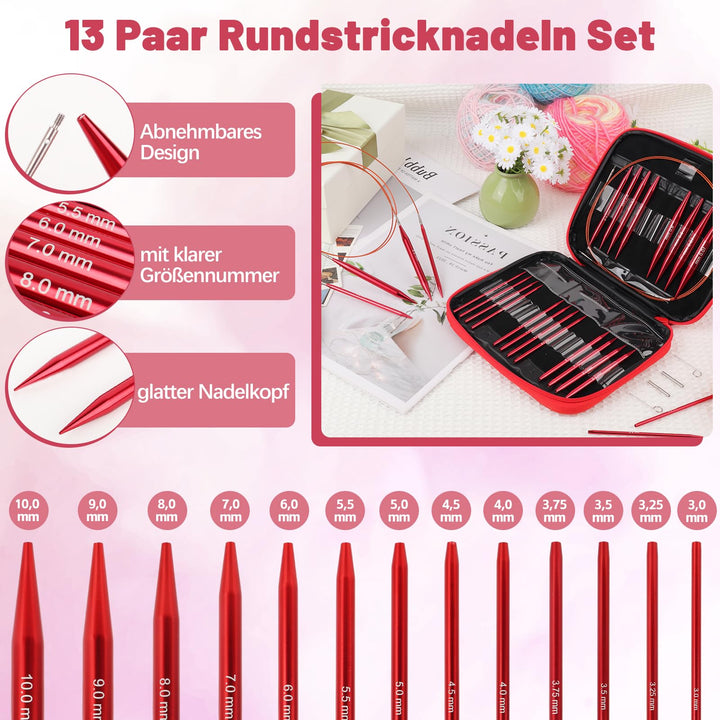 Rundstricknadeln Set austauschbar Aluminium 3,0–10,0 mm 13 Paar - Bild 7