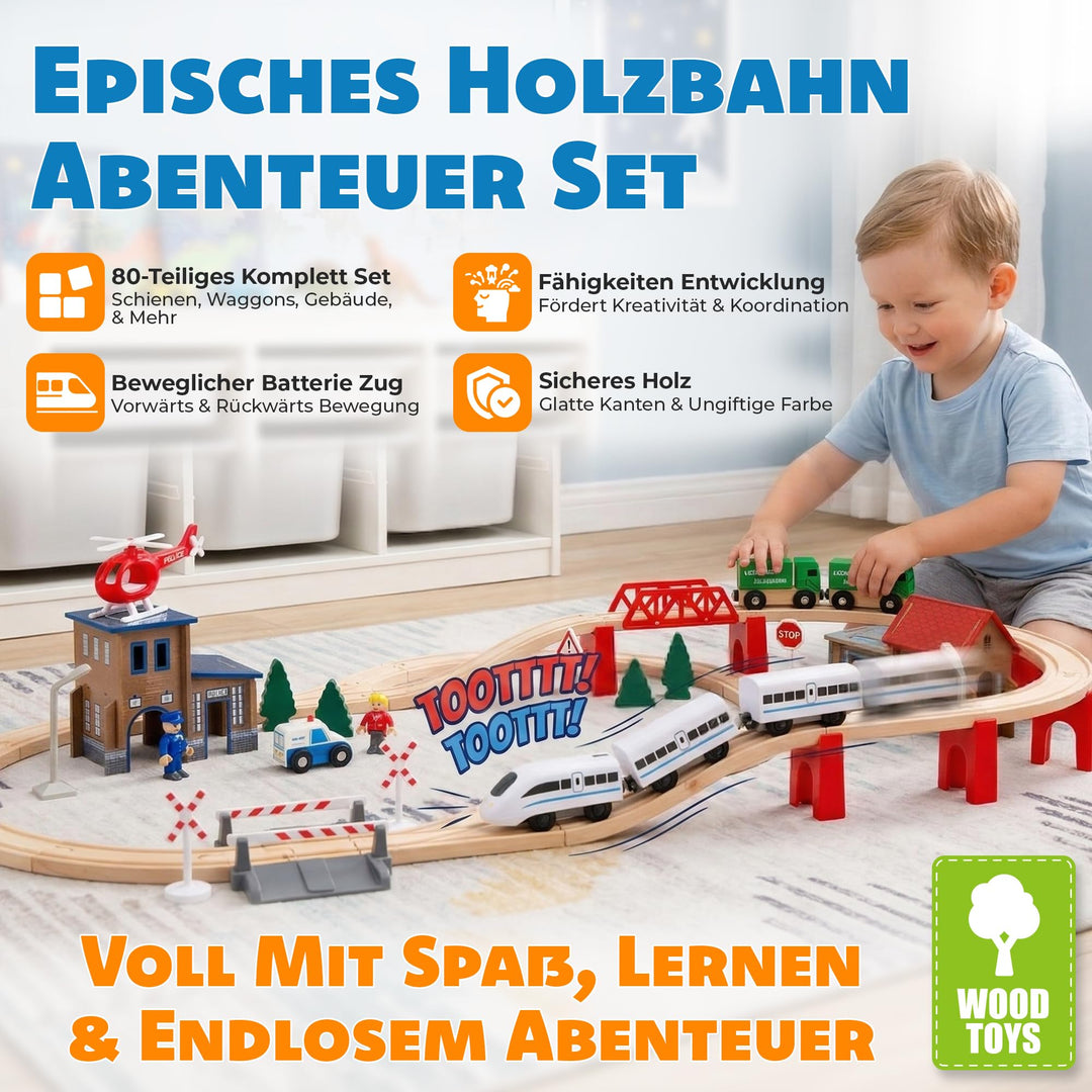 Holzeisenbahn Set 80 Teile elektrisch mit Polizeistation 378 cm - Bild 2