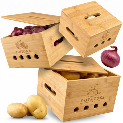 Gemüse-Aufbewahrungsbox 3er Set Bambus für Kartoffeln Zwiebeln Knoblauch