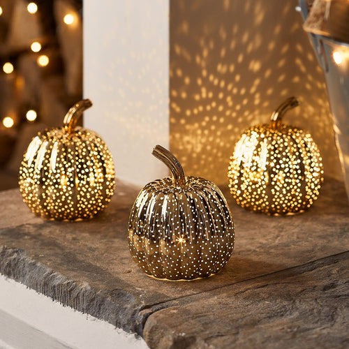 LED Glas-Kürbis Set 3-teilig Warmweiss mit Timer Herbst Tischdeko