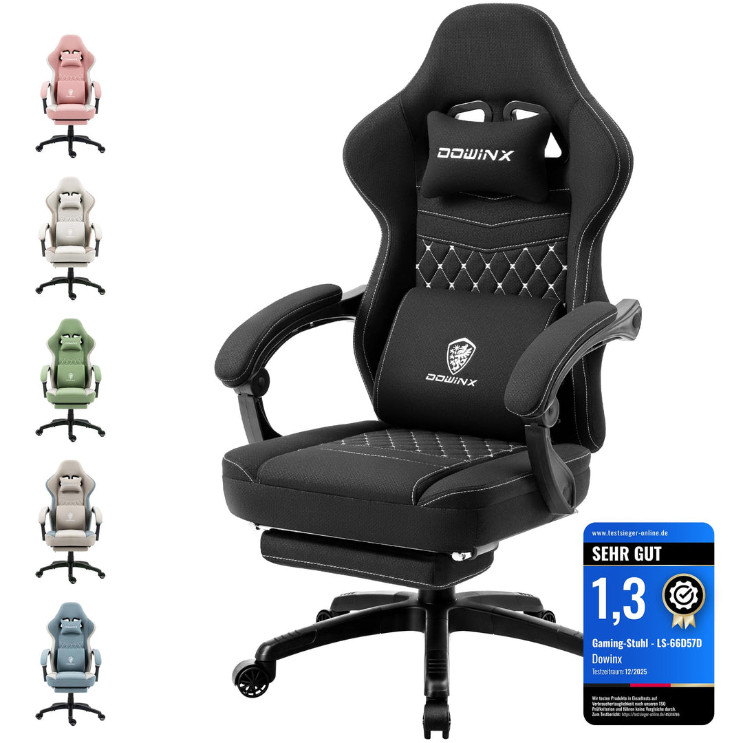 Gaming Stuhl Stoff ergonomisch mit Taschenfederkern und Fussstuetze 150 kg