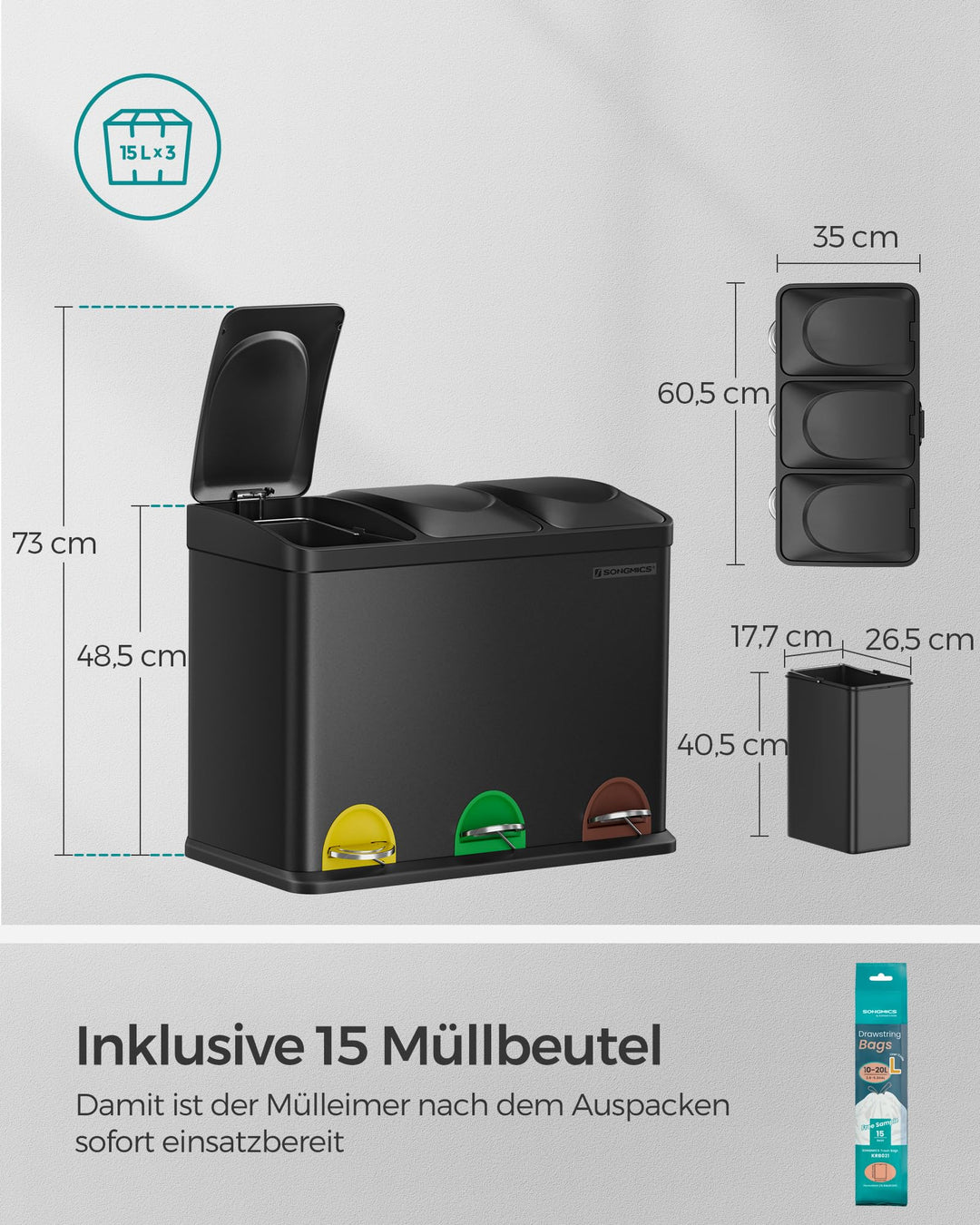 Treteimer 3-fach Mülltrennung Stahl 3x15L für Küche - Bild 7