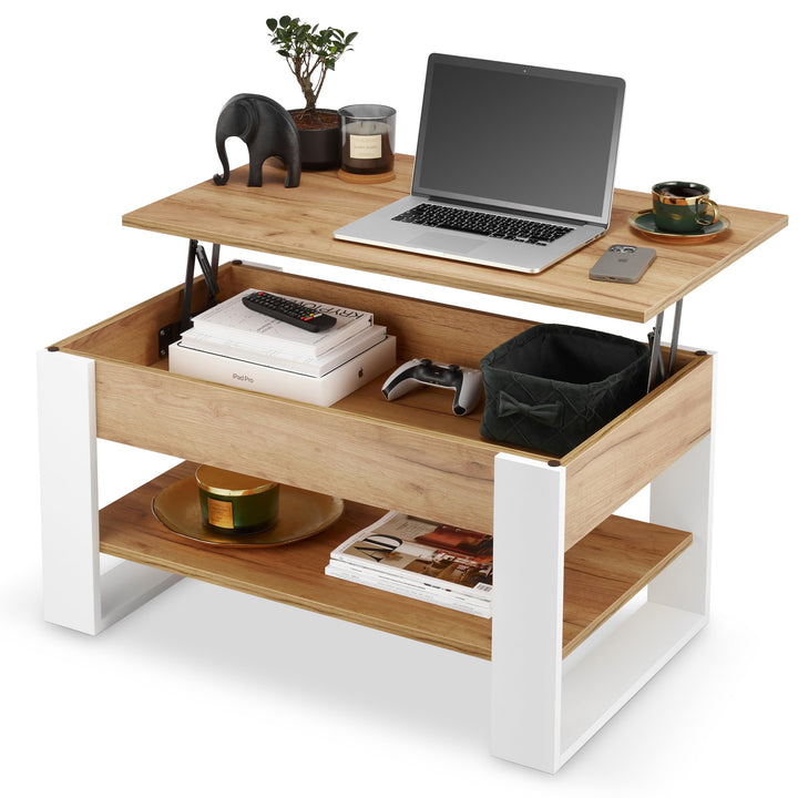 Couchtisch höhenverstellbar mit Stauraum 92x51 cm Weiss-Eiche