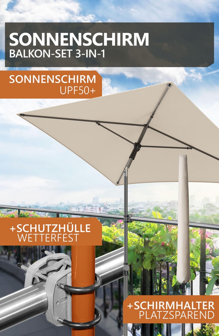 Balkon-Sonnenschirm Set 200x125 cm UV50+ rechteckig mit Halterung Beige - Bild 2