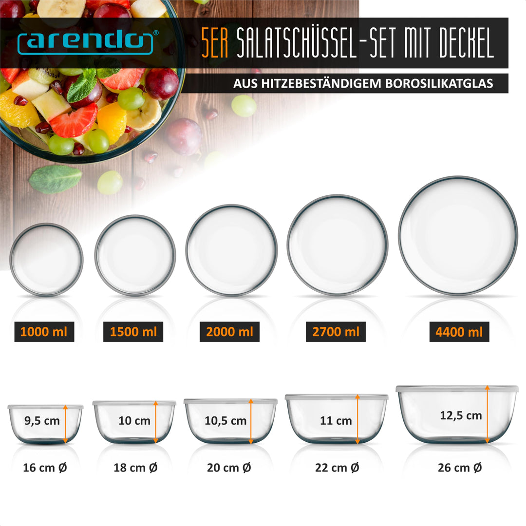 Salatschüsseln Borosilikatglas 5er Set mit Deckel 1–4,4 L - Bild 2