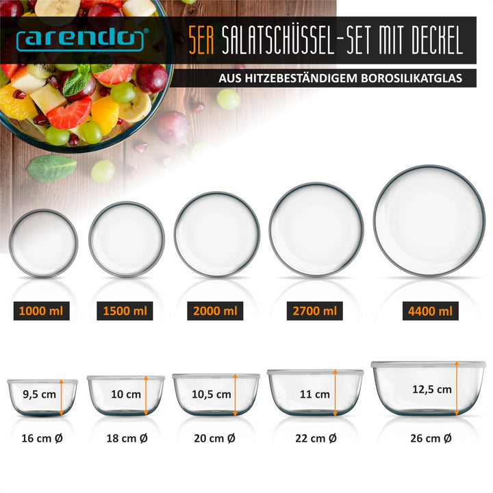 Salatschüsseln Borosilikatglas 5er Set mit Deckel 1–4,4 L - Bild 2