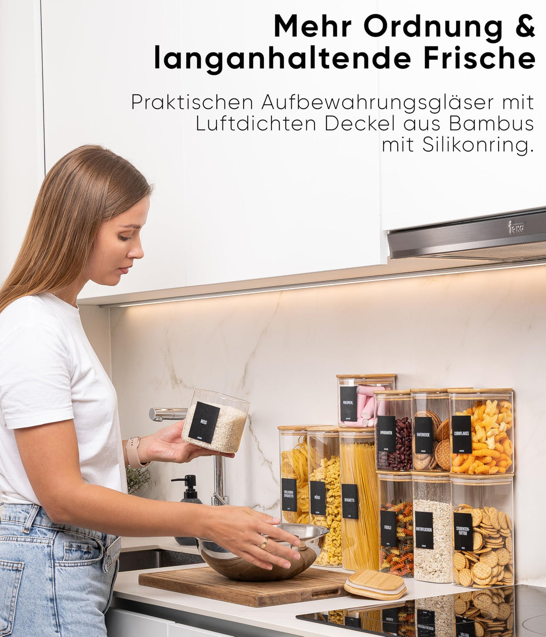 Vorratsgläser eckig Borosilikatglas 12er-Set mit Bambusdeckel - Bild 5