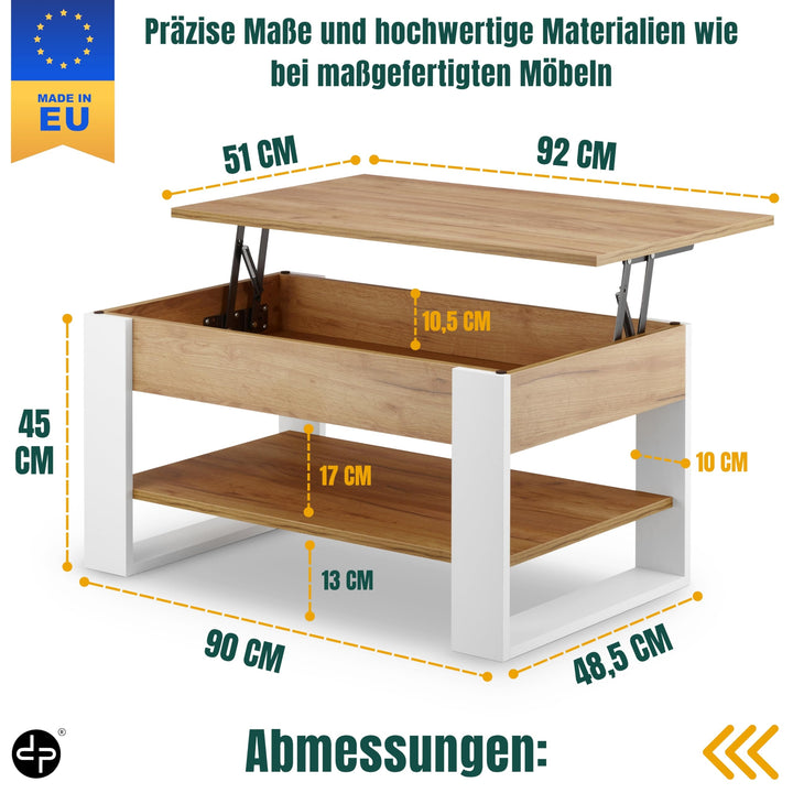 Couchtisch höhenverstellbar mit Stauraum 92x51 cm Weiss-Eiche - Bild 6