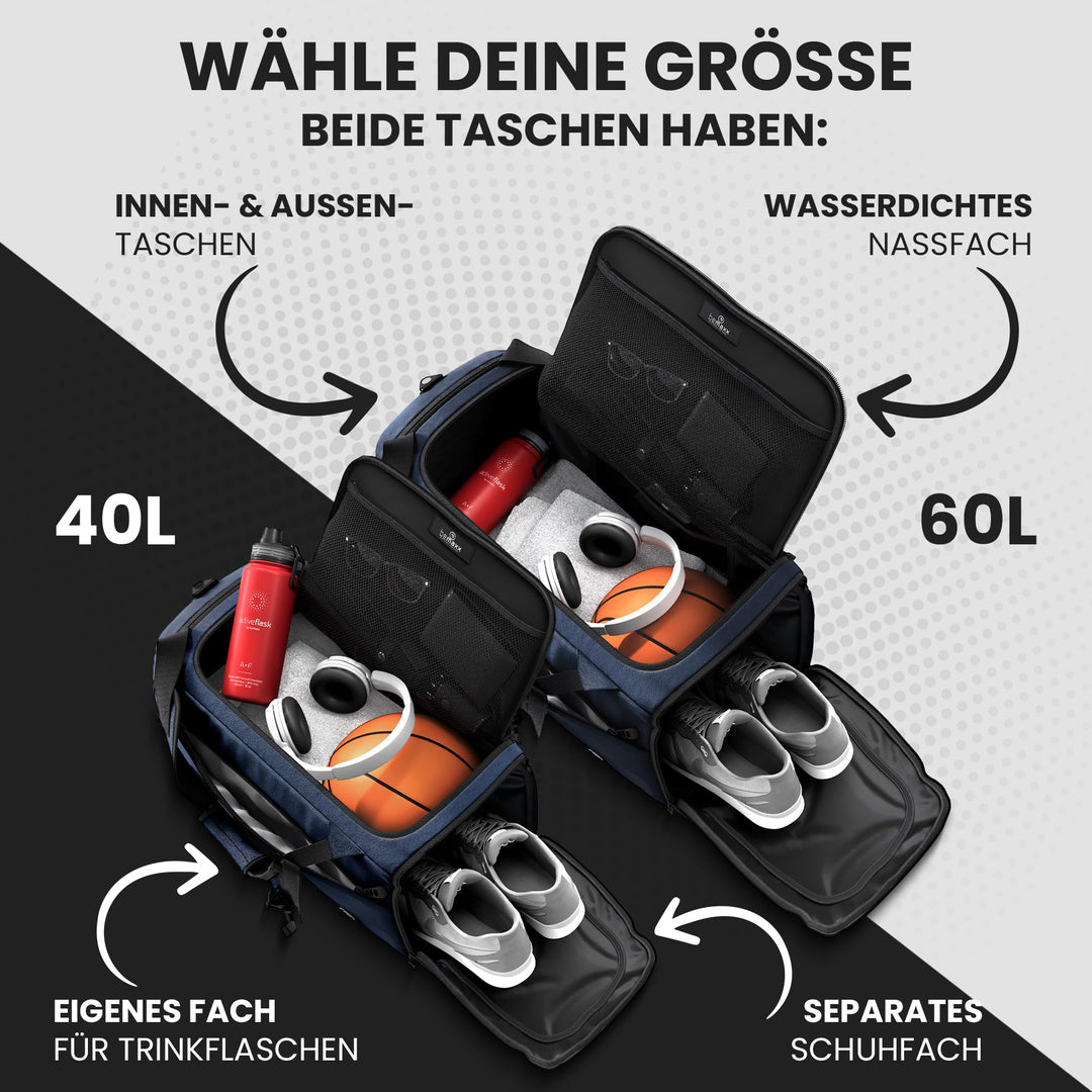 Sporttasche 40 L mit Rucksackfunktion, Schuh- und Nassfach, Blau - Bild 2