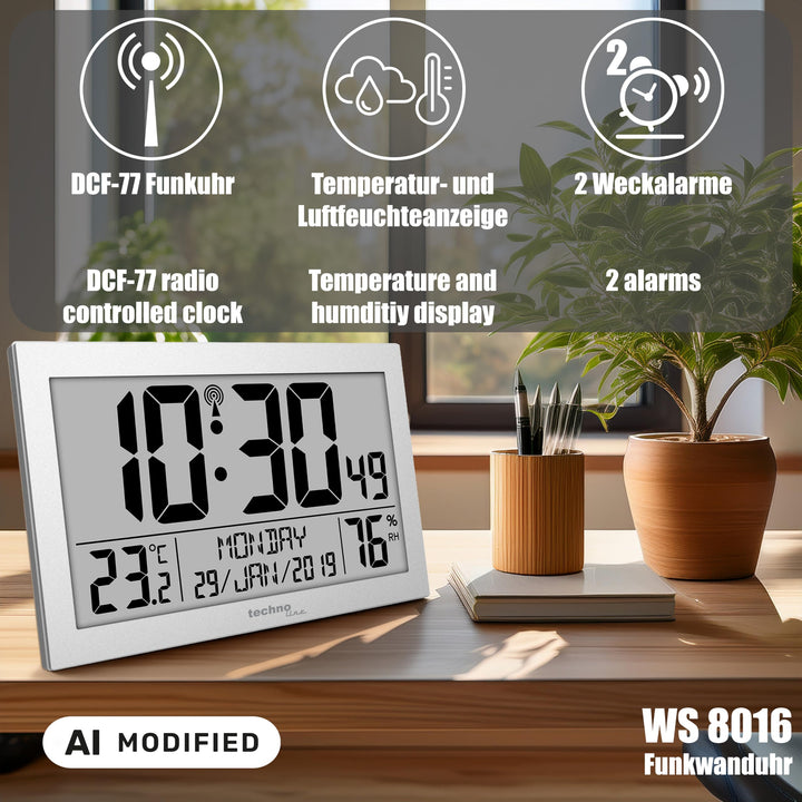 Funk-Wanduhr digital DCF77 mit Temperatur &amp; Luftfeuchtigkeit, 2 Weckalarme, Silber - Bild 2