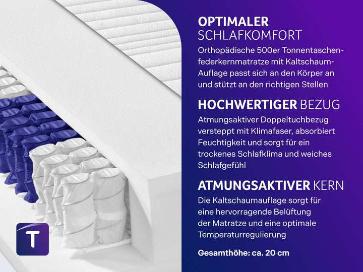 Tonnentaschenfederkernmatratze 7-Zonen H3 500 Federn 100x200 cm - Bild 4