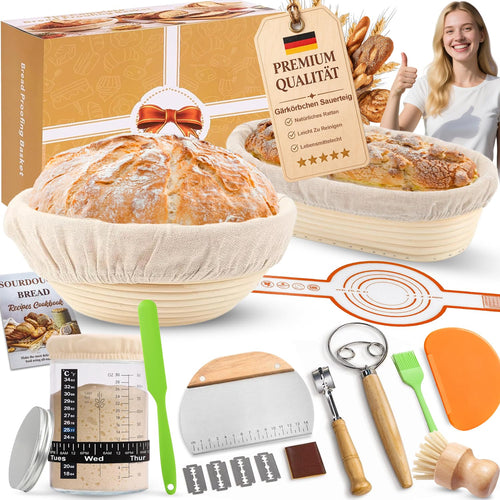 Sauerteig Starterset Gärkörbe oval & rund mit Glas 14-teilig